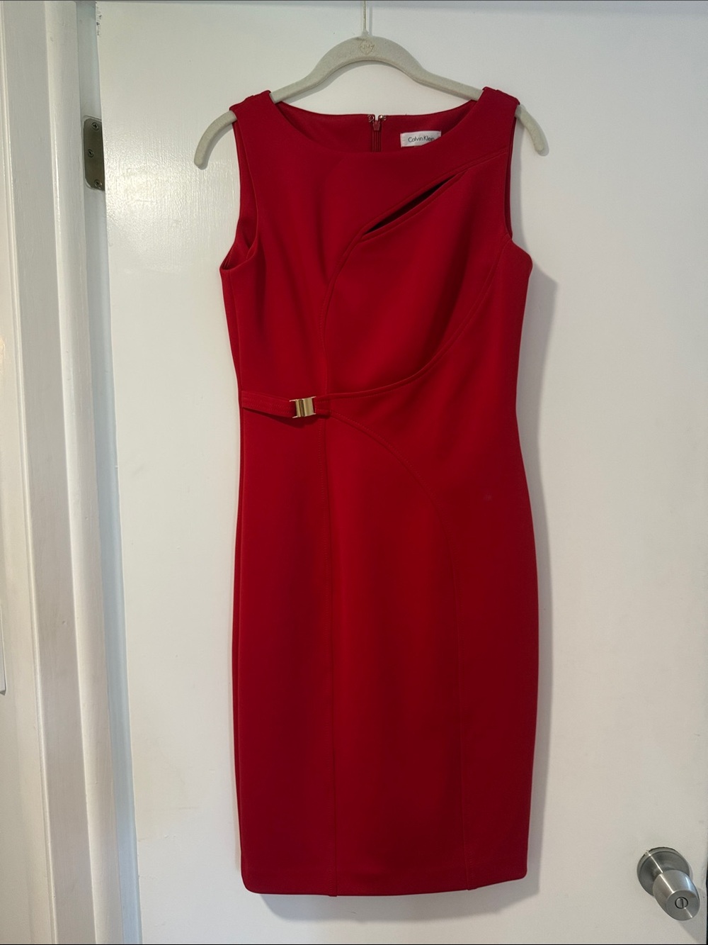 Calvin Klein Red Sleeveless Sheath Dress with Gold-Tone Accent